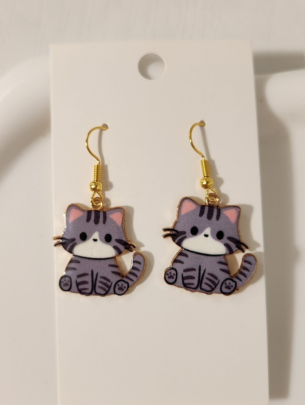 Grey Cat Earings With Black Stripes Cartoon Style With Gold Setting